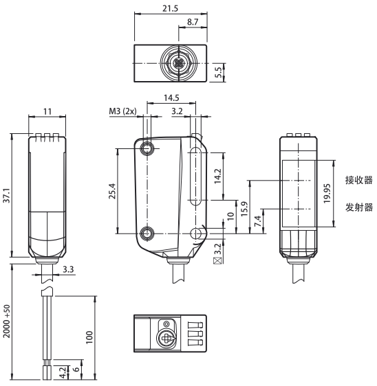 漫反射型光電傳感器(BGS)OBT300-R100-2EP-IO-L外形尺寸